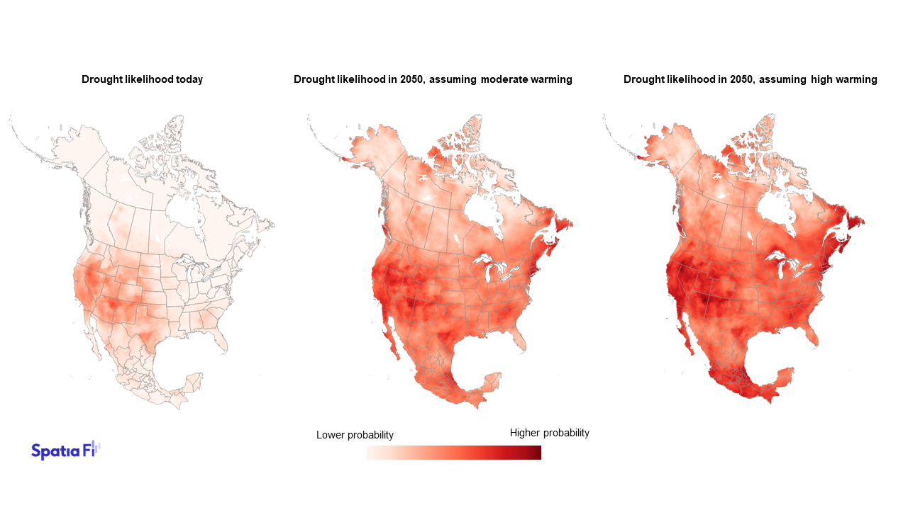 Side by side maps of North America showing the likelihood of drought in different scenarios