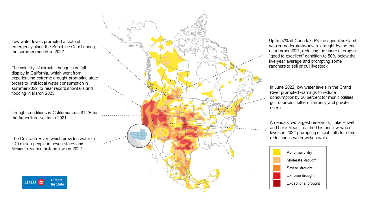 Map of North America with key areas of climate risk