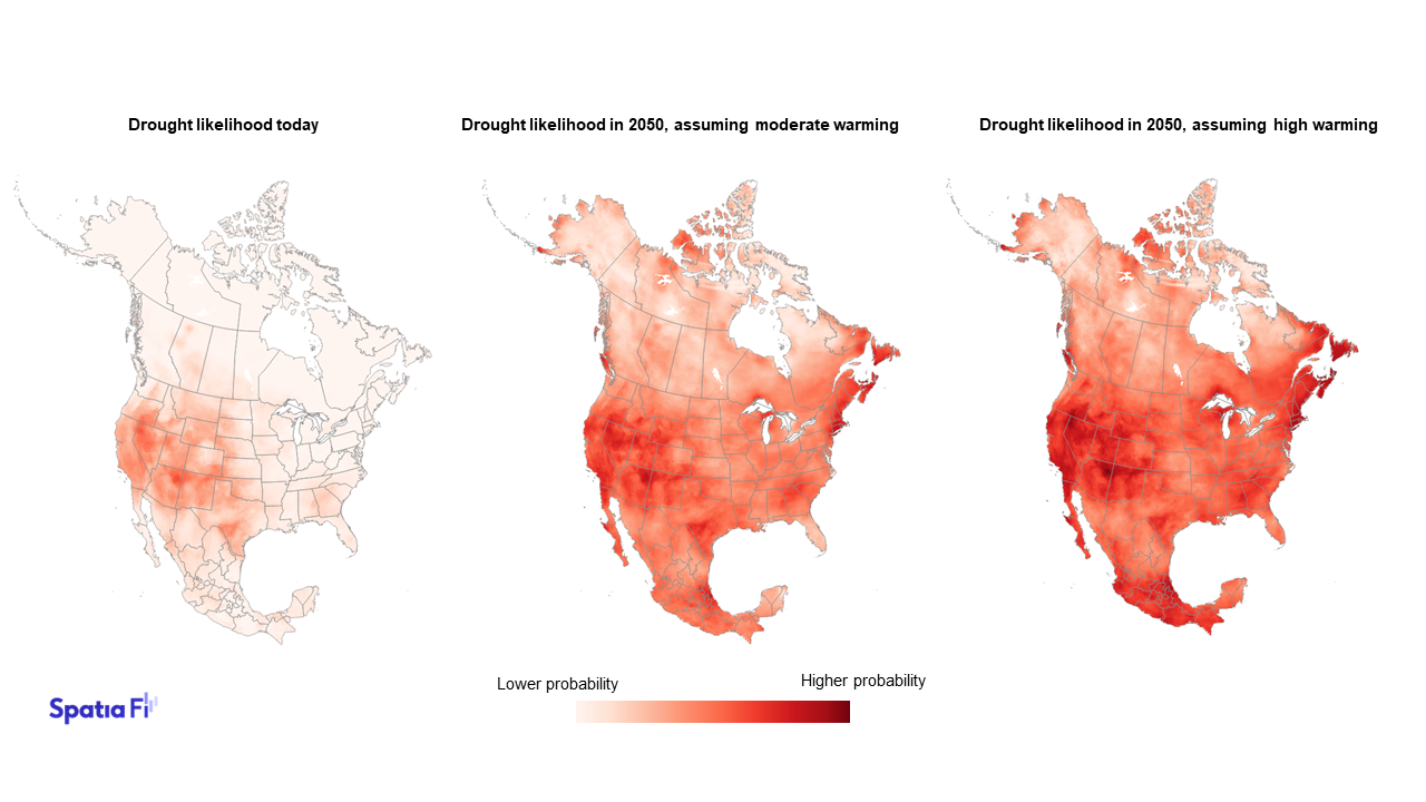 Side by side maps of North America, showing different drought scenarios